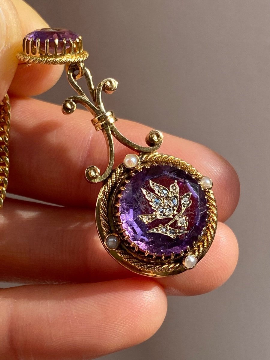 18k Yellow Gold Pendant Composed Of Two Amethysts-photo-3