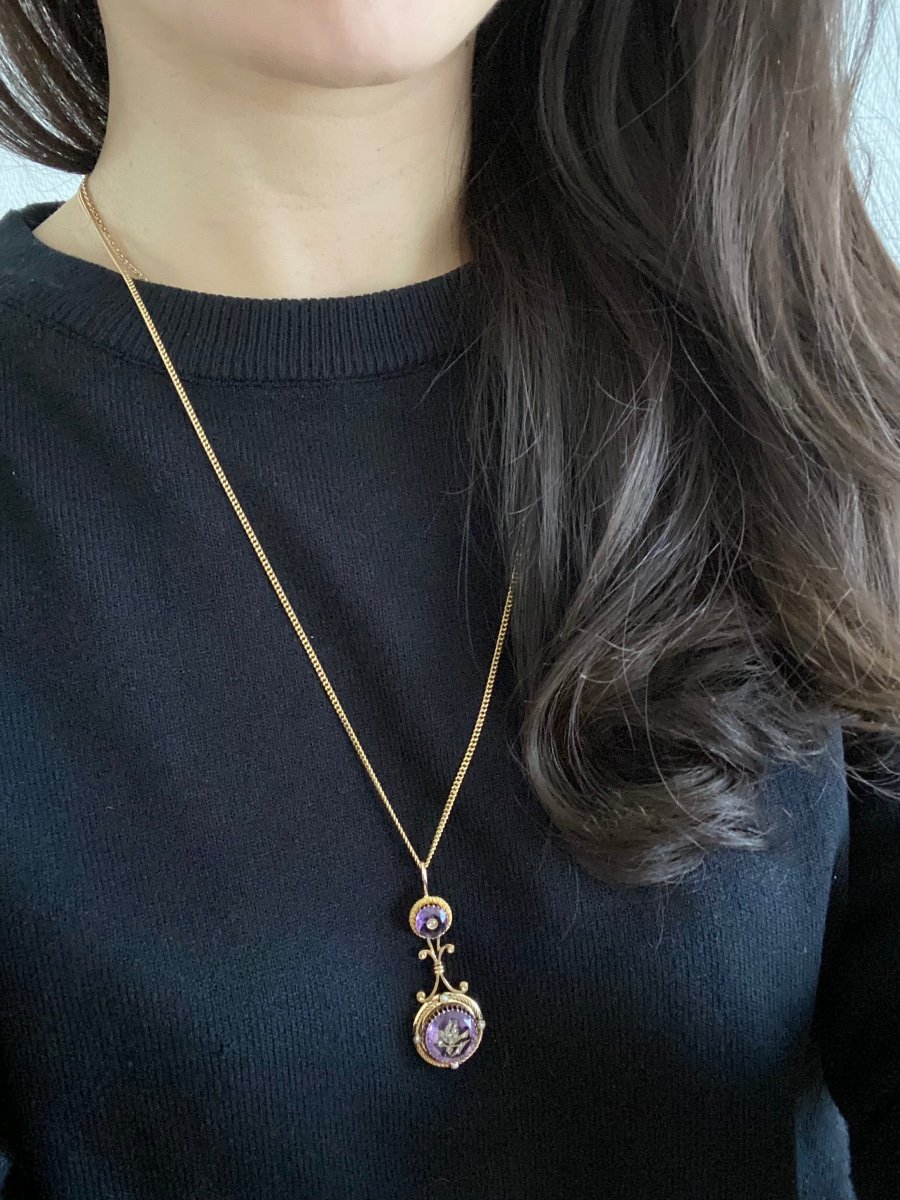 18k Yellow Gold Pendant Composed Of Two Amethysts-photo-4