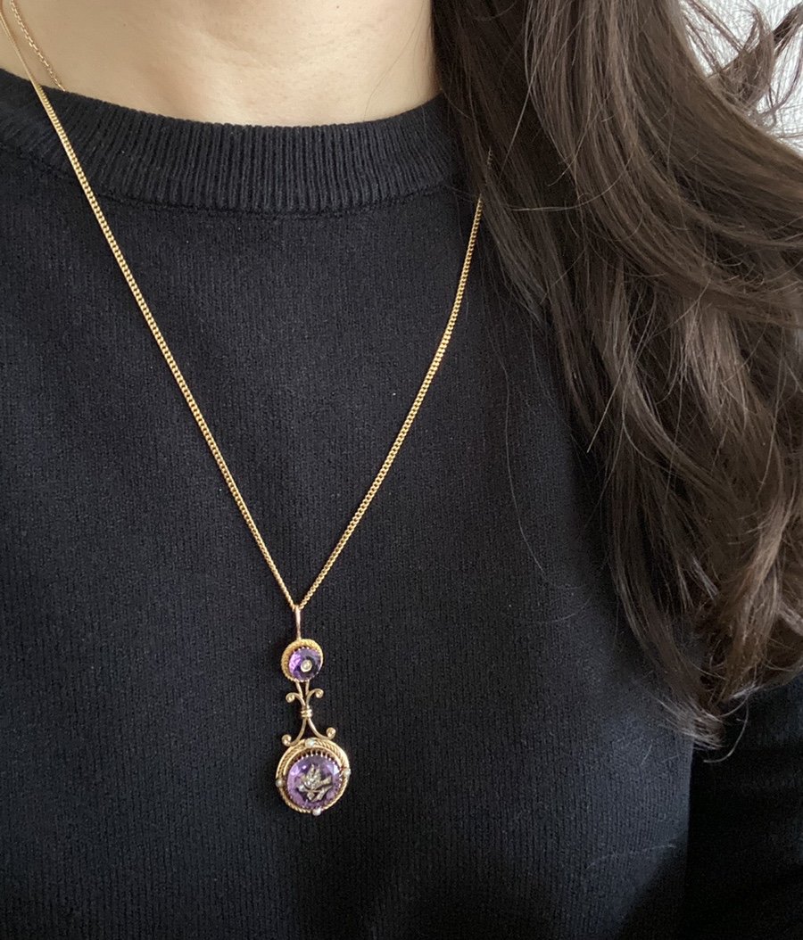 18k Yellow Gold Pendant Composed Of Two Amethysts-photo-5