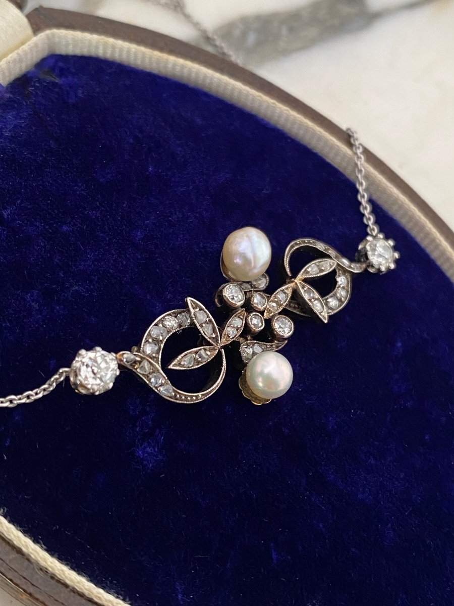 Collier En Or Jaune 18k Et Argent De La Fin Du XIXème Siècle Au Motif Végétal-photo-4