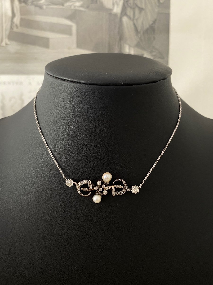 Collier En Or Jaune 18k Et Argent De La Fin Du XIXème Siècle Au Motif Végétal-photo-7