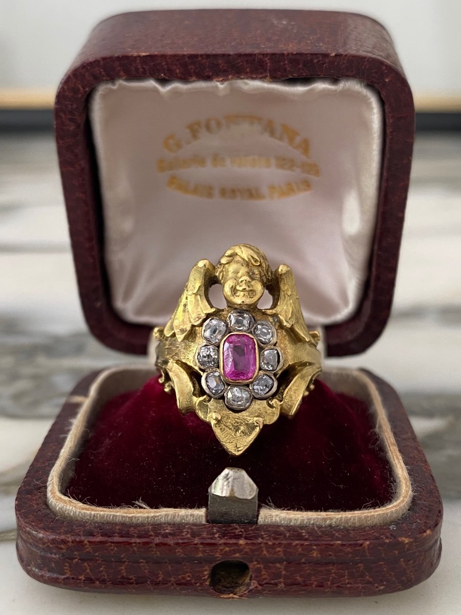 Very Rare Neo-renaissance Ring In 18k Gold And Pink Sapphire-photo-4