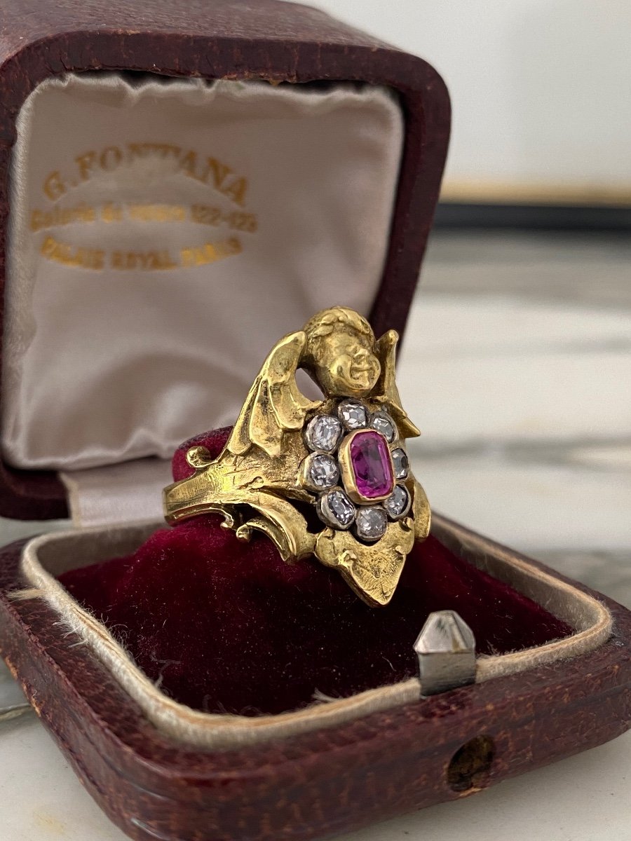 Very Rare Neo-renaissance Ring In 18k Gold And Pink Sapphire-photo-6