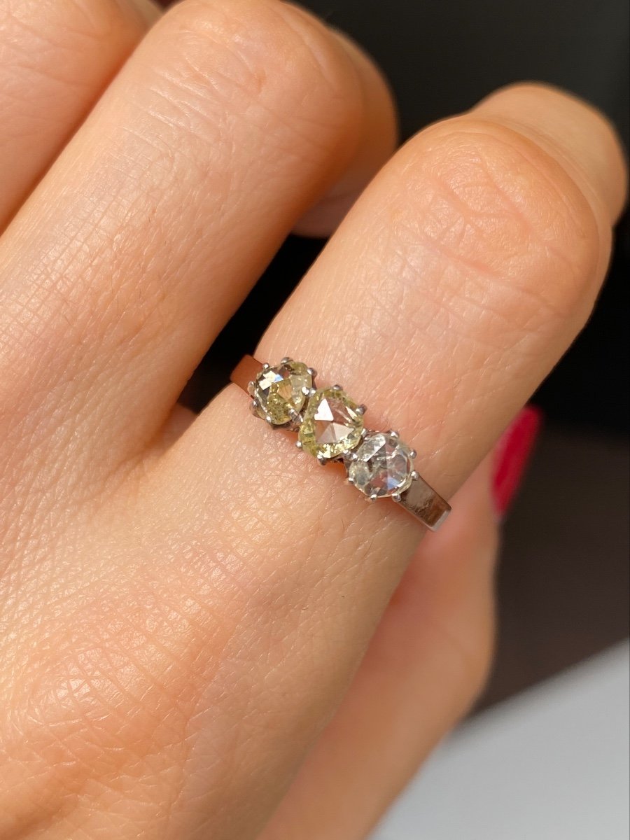 18k Rose Gold And Silver Ring Set With 3 Rose Cut Diamonds