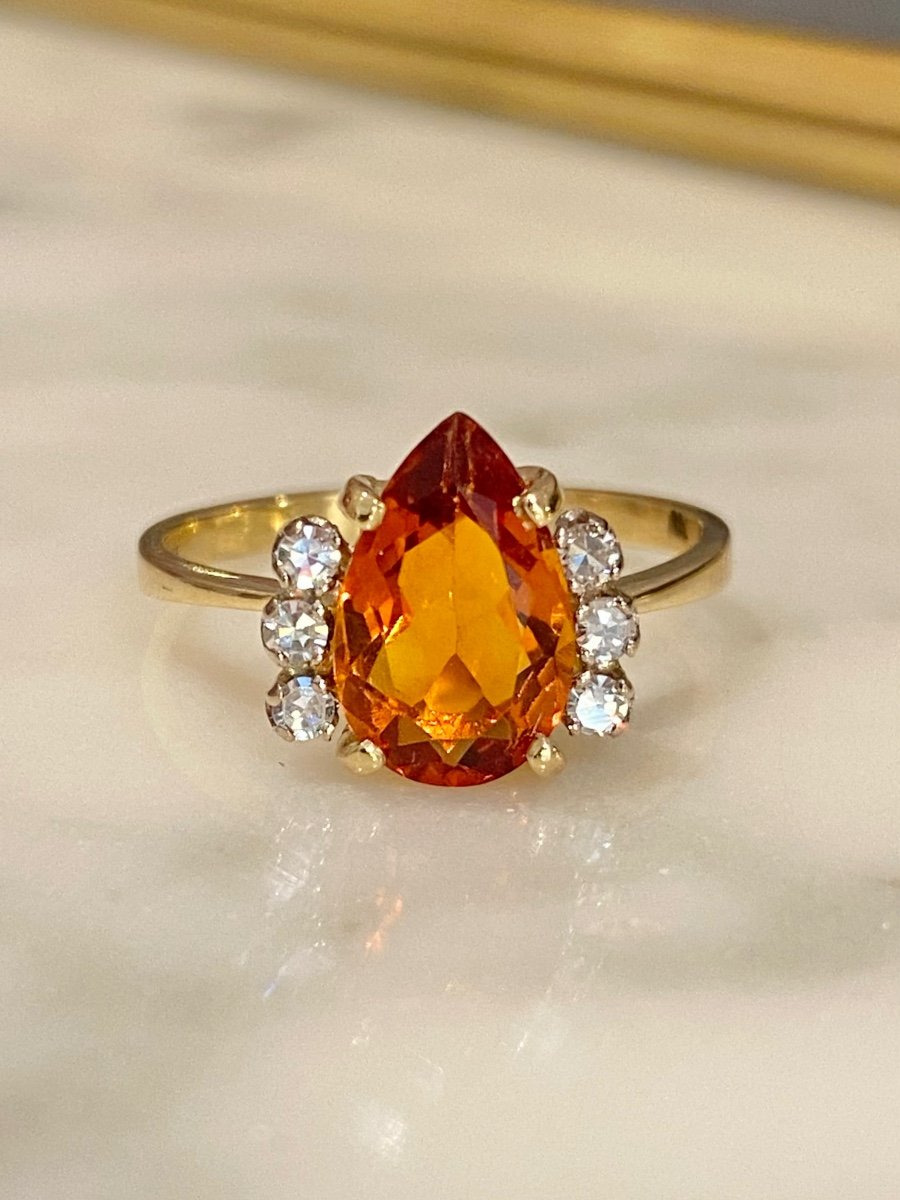 Bague En Or Jaune 18k Ornée d'Une Citrine Et Diamants -photo-2