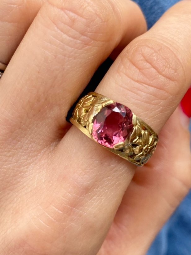 Art Nouveau Ring In 18k Yellow Gold Set With A Pink Tourmaline-photo-4