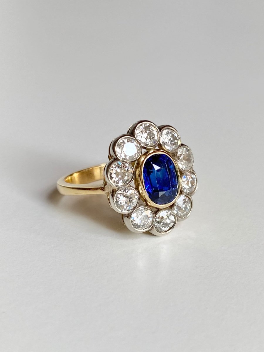 Antique Pompadour Ring In 18k Yellow Gold Sapphire And Diamonds -photo-4