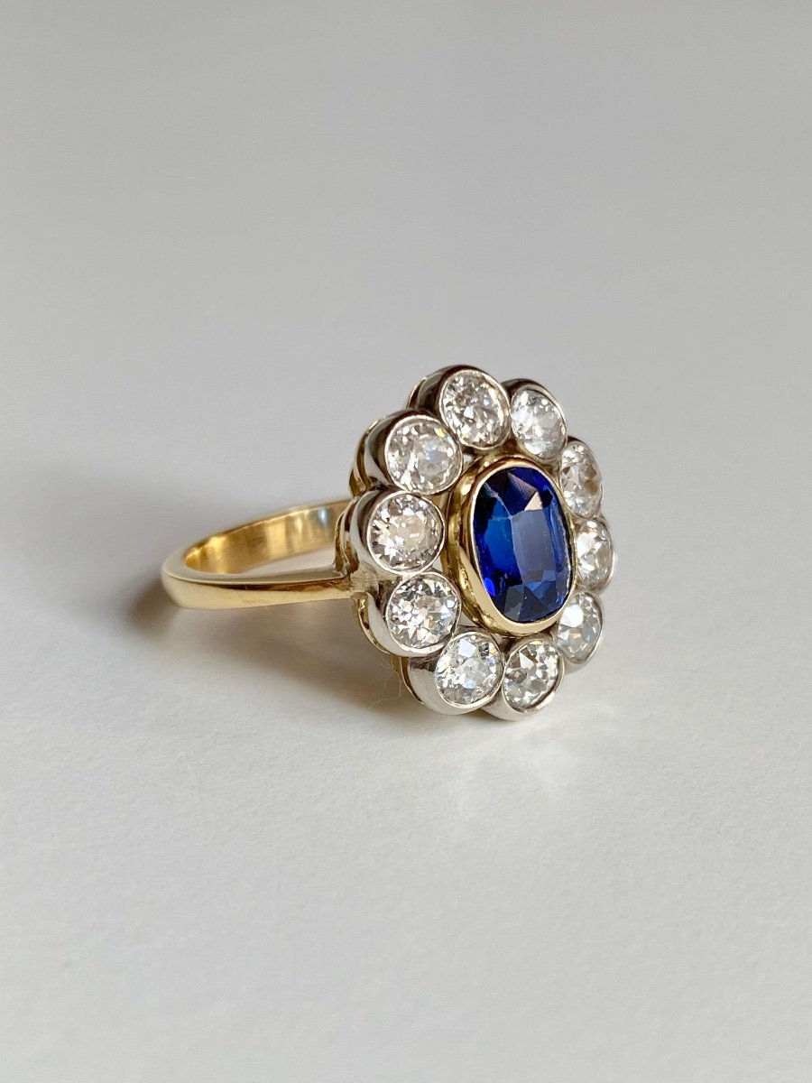 Antique Pompadour Ring In 18k Yellow Gold Sapphire And Diamonds -photo-1