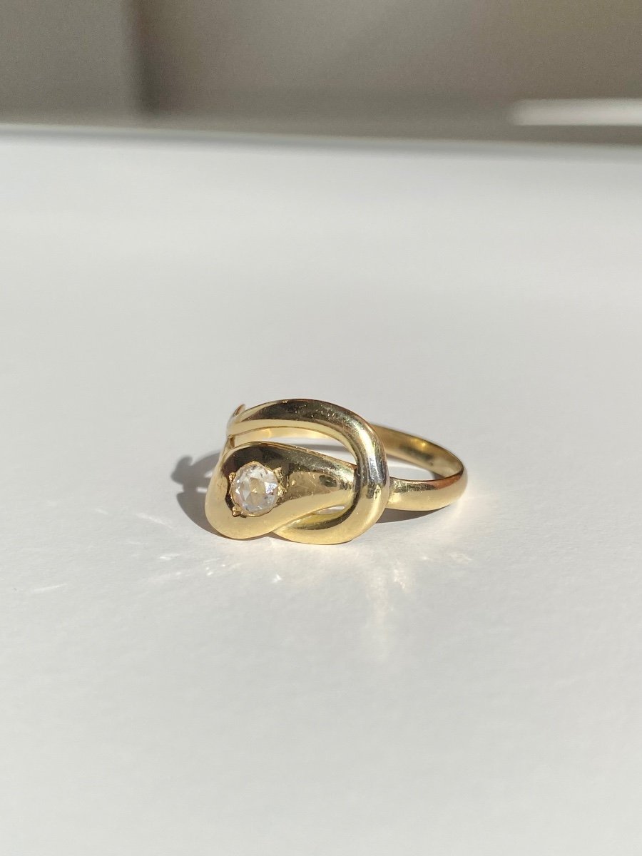 Bague Ancienne En Or Jaune 18k Et Diamant En Forme De Serpent-photo-3