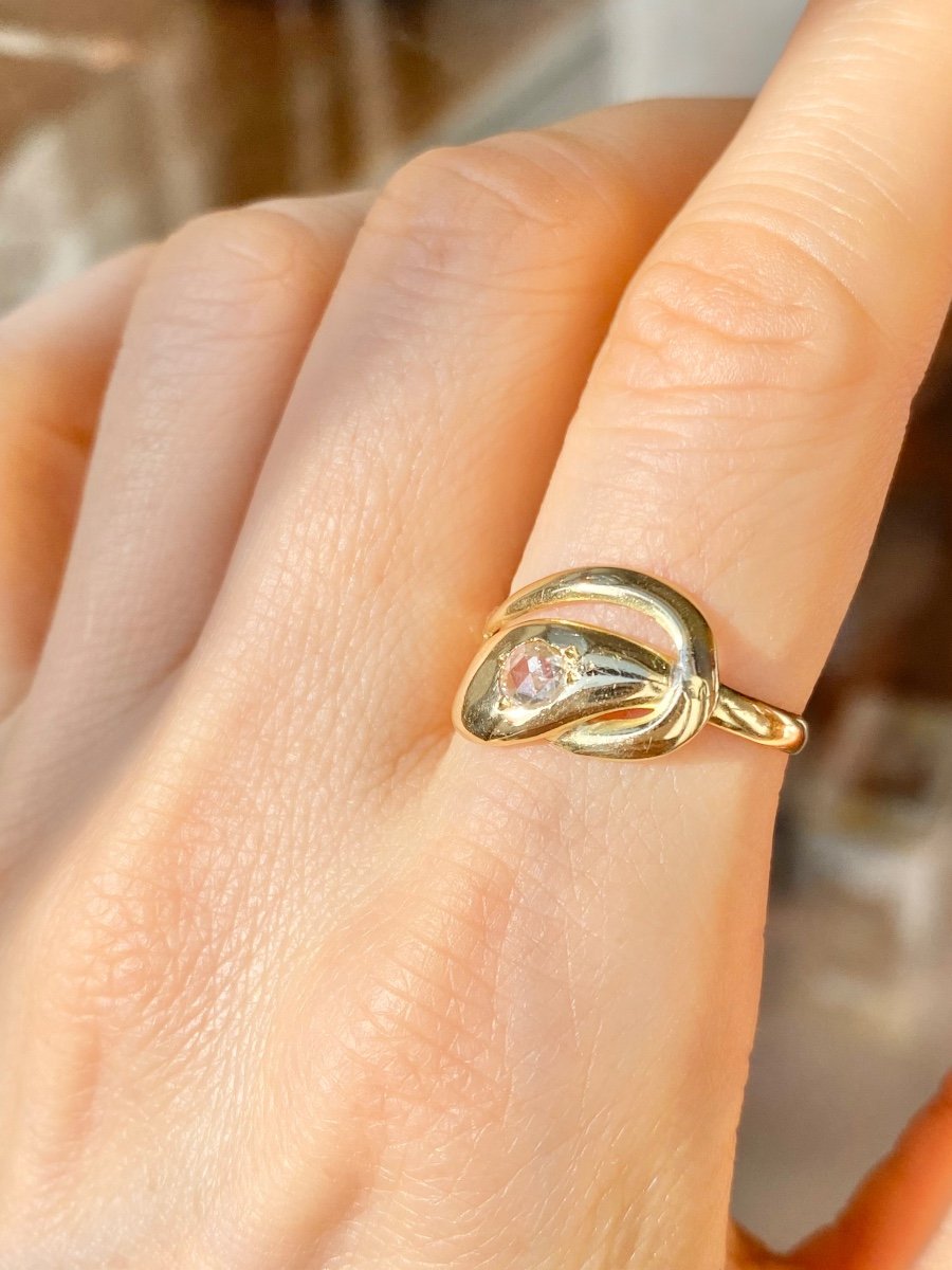 Bague Ancienne En Or Jaune 18k Et Diamant En Forme De Serpent-photo-5