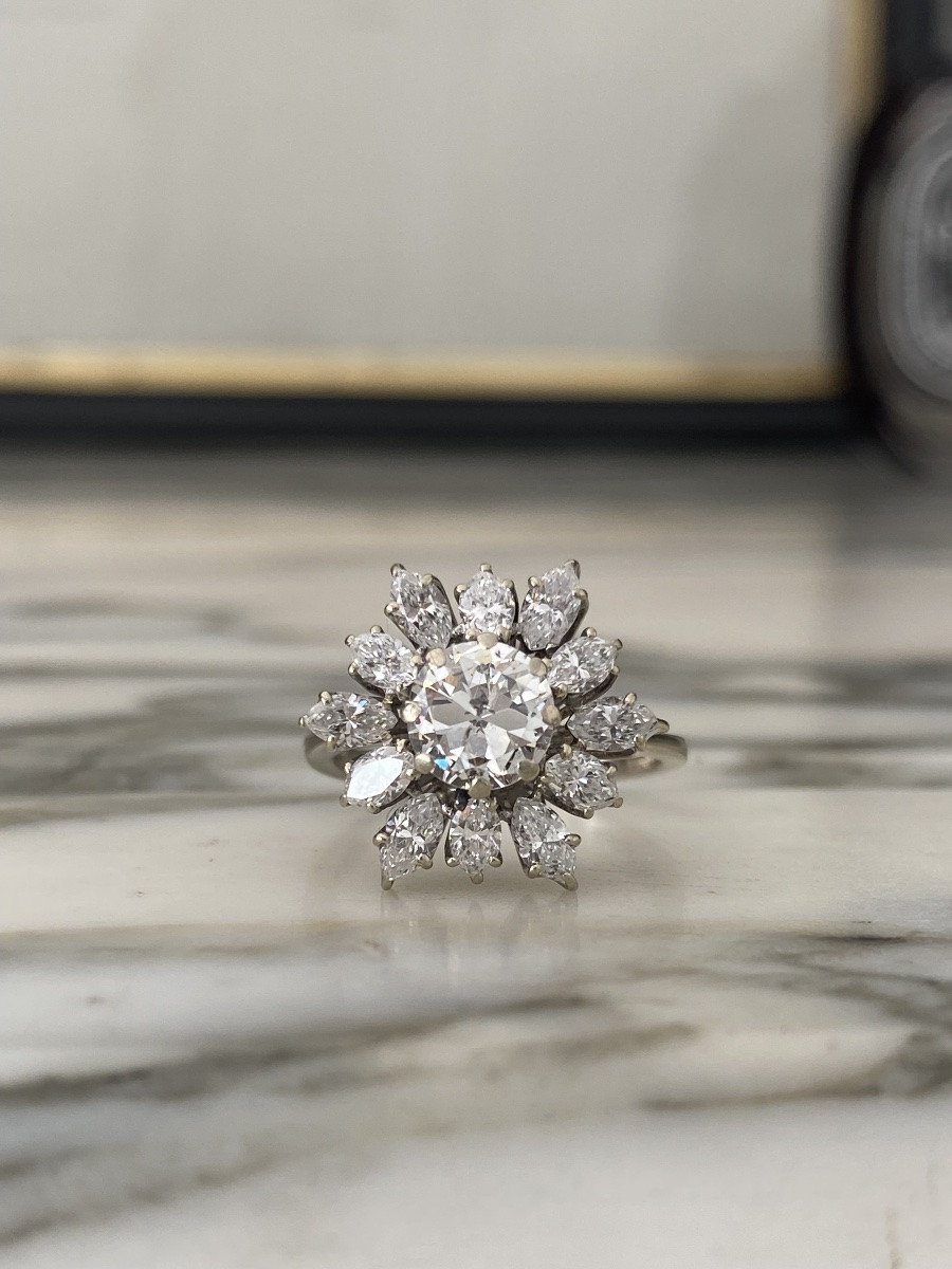 Bague fleur En Or Blanc 18k Et Diamants 2.80 Ct -photo-2
