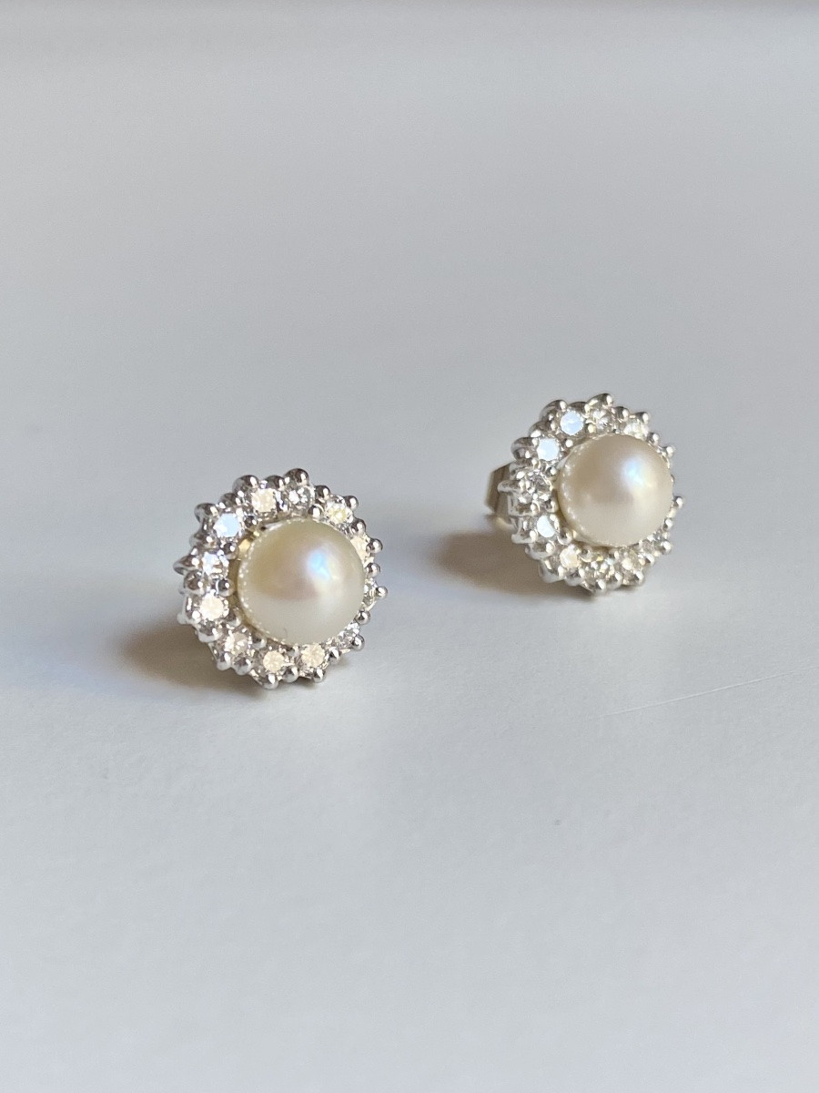 Boucles d'Oreilles En Or Blanc 18k Perles Et Diamants -photo-4