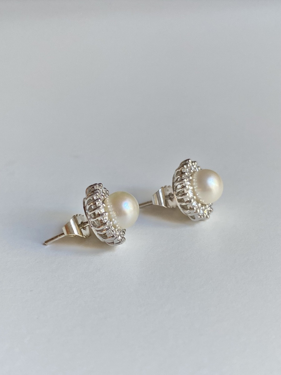 Boucles d'Oreilles En Or Blanc 18k Perles Et Diamants -photo-2