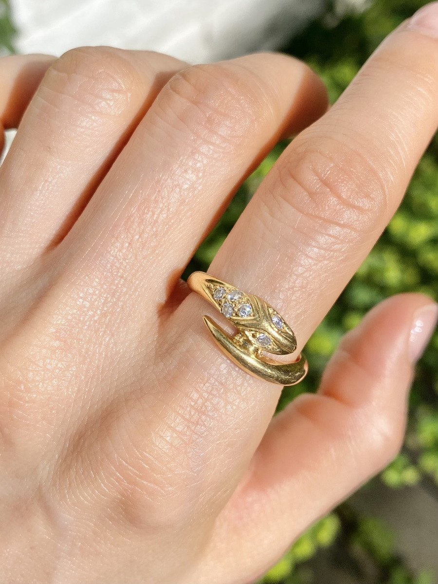 Bague En Or Jaune 18k En Forme De Serpent Et Diamants -photo-6