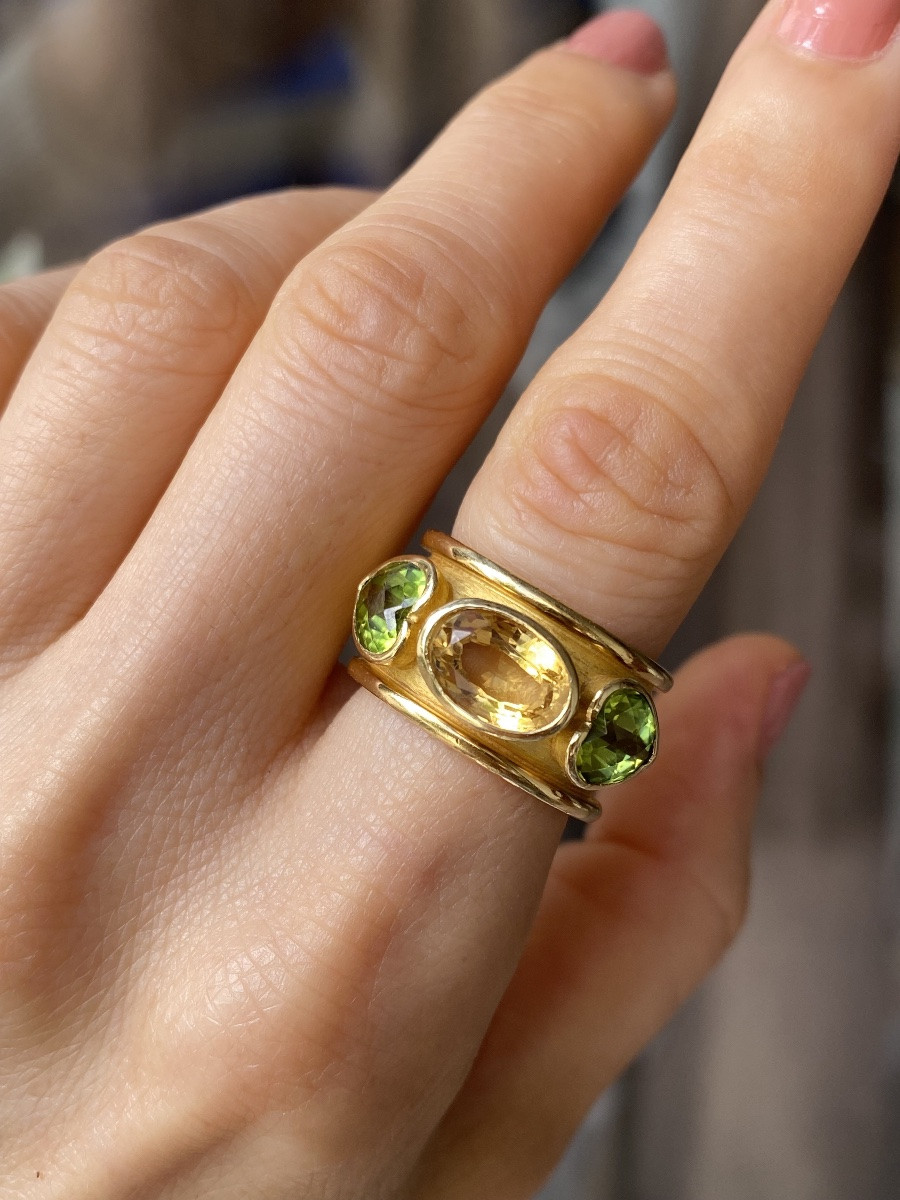 Large bague en or jaune 18K citrine et péridots-photo-6