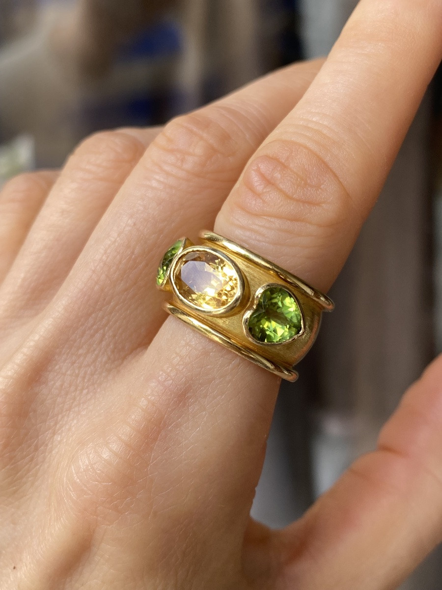 Large bague en or jaune 18K citrine et péridots-photo-7