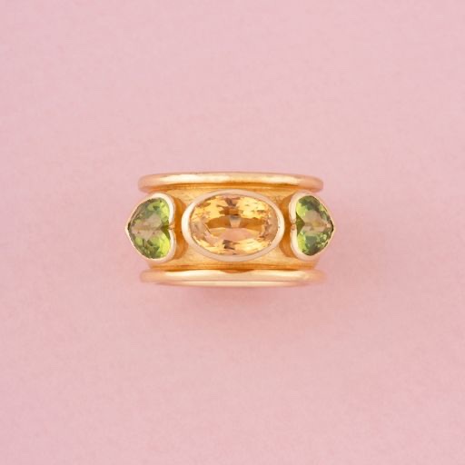Large 18k Yellow Gold Citrine And Peridots Ring -photo-2