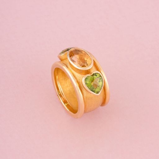 Large 18k Yellow Gold Citrine And Peridots Ring -photo-4