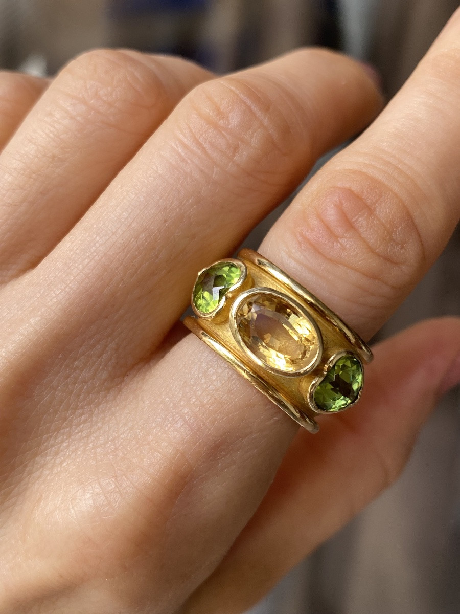 Large 18k Yellow Gold Citrine And Peridots Ring -photo-3