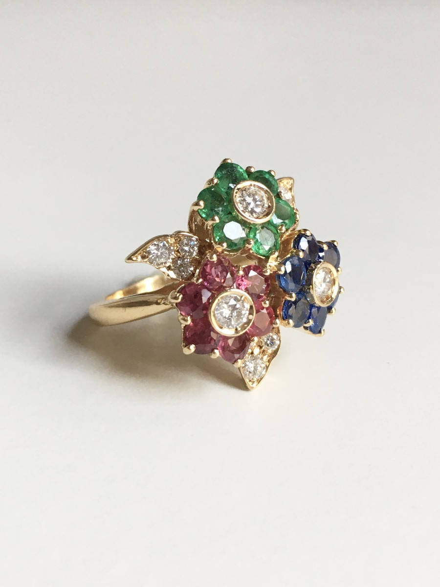 18k Gold Flowers Ring With Sapphires, Rubies, Emeralds, And Diamonds -photo-4