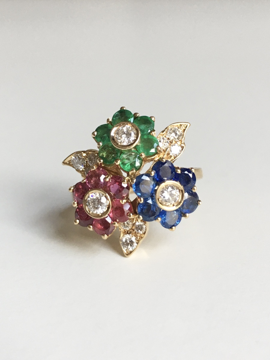 18k Gold Flowers Ring With Sapphires, Rubies, Emeralds, And Diamonds -photo-2