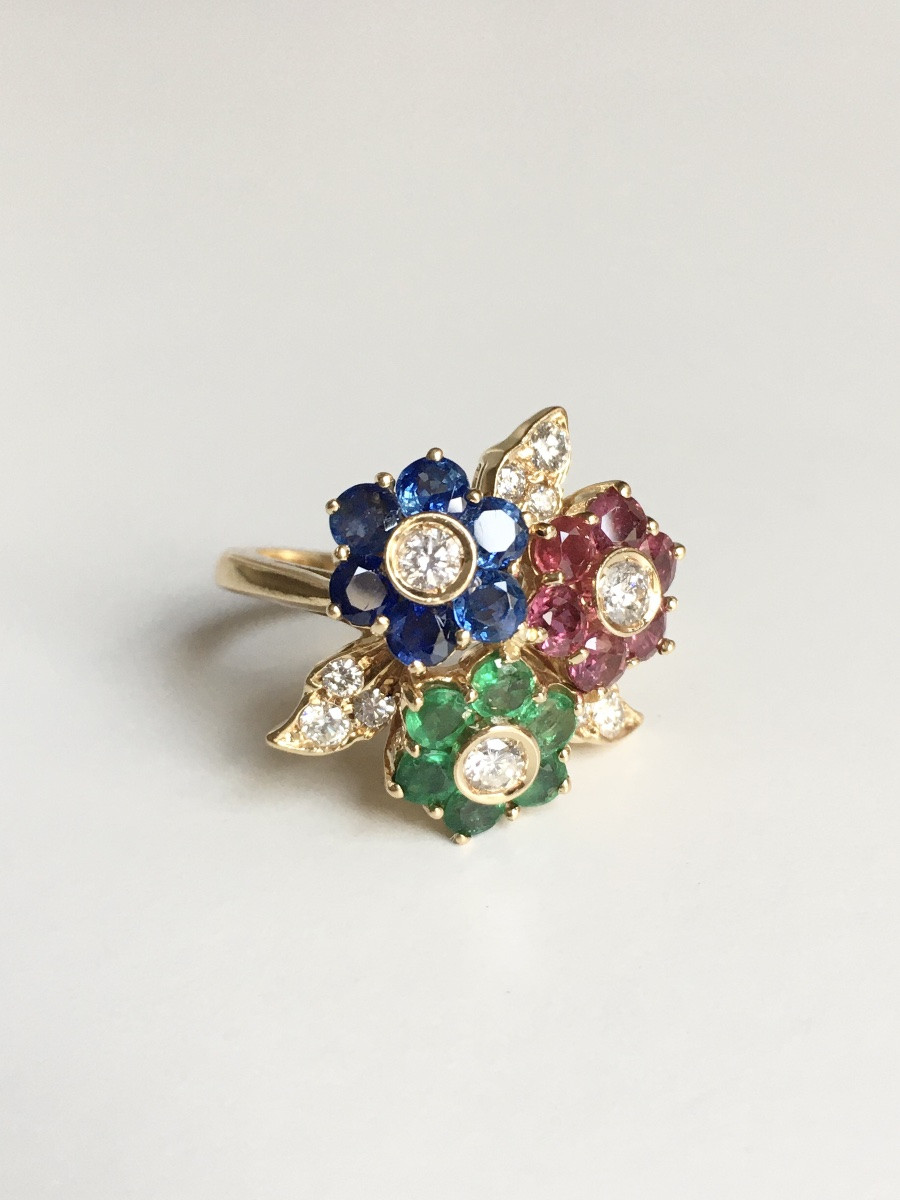 18k Gold Flowers Ring With Sapphires, Rubies, Emeralds, And Diamonds -photo-2