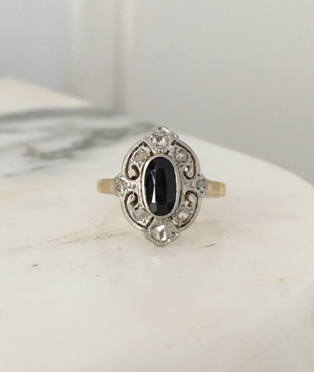 Bague Belle Époque en or jaune 18K et platine-photo-2