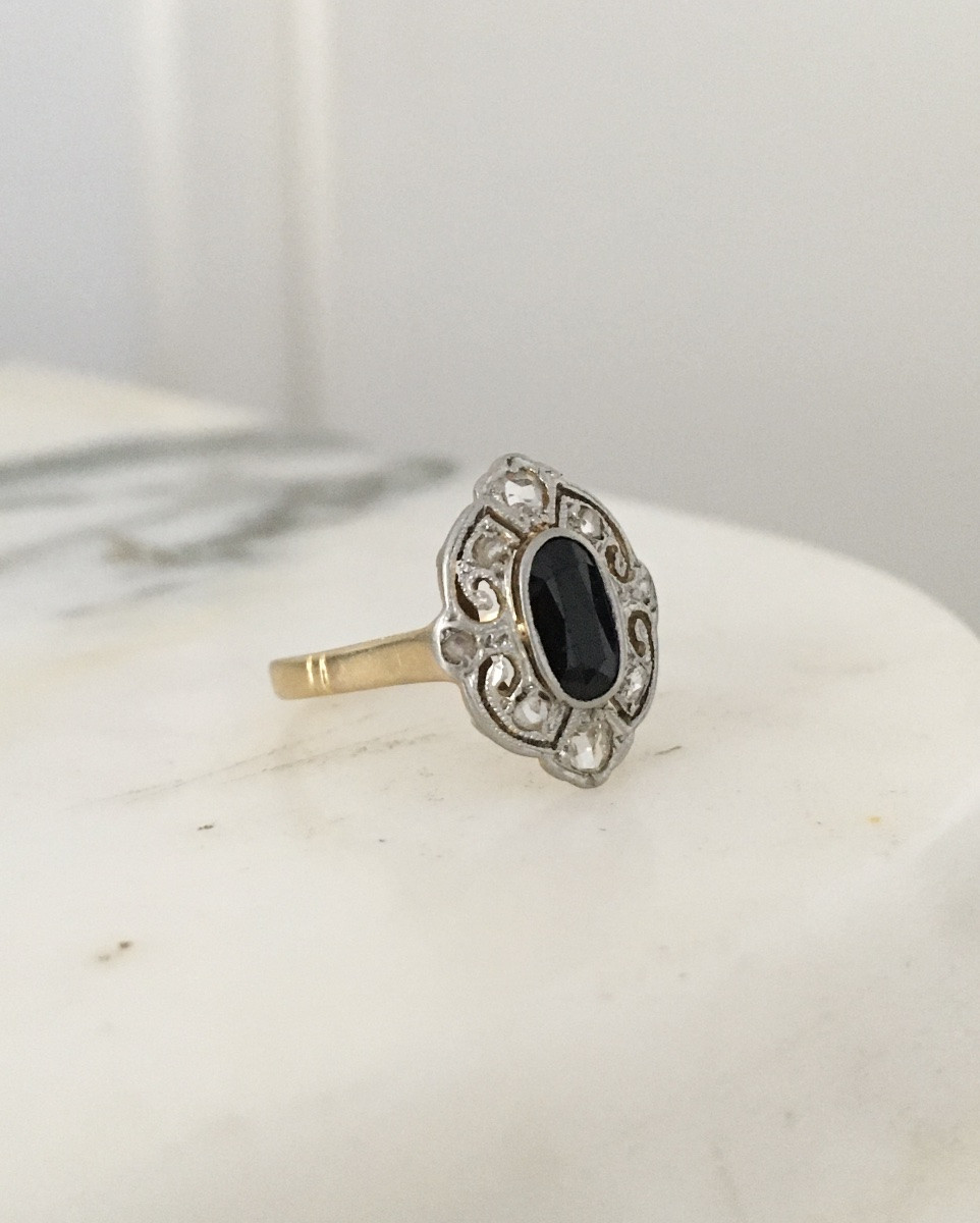 Bague Belle Époque en or jaune 18K et platine-photo-3