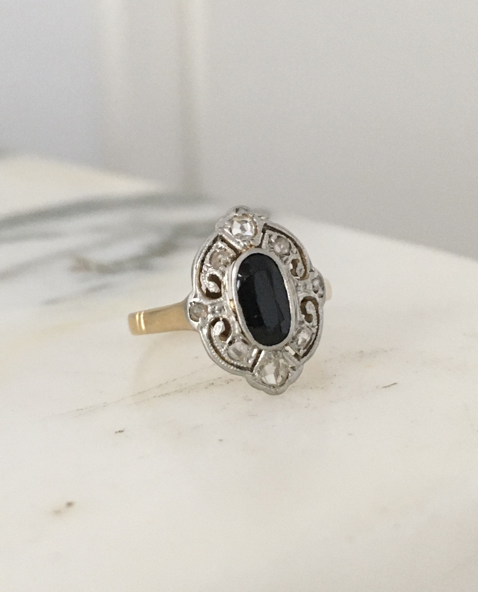 Bague Belle Époque en or jaune 18K et platine-photo-4