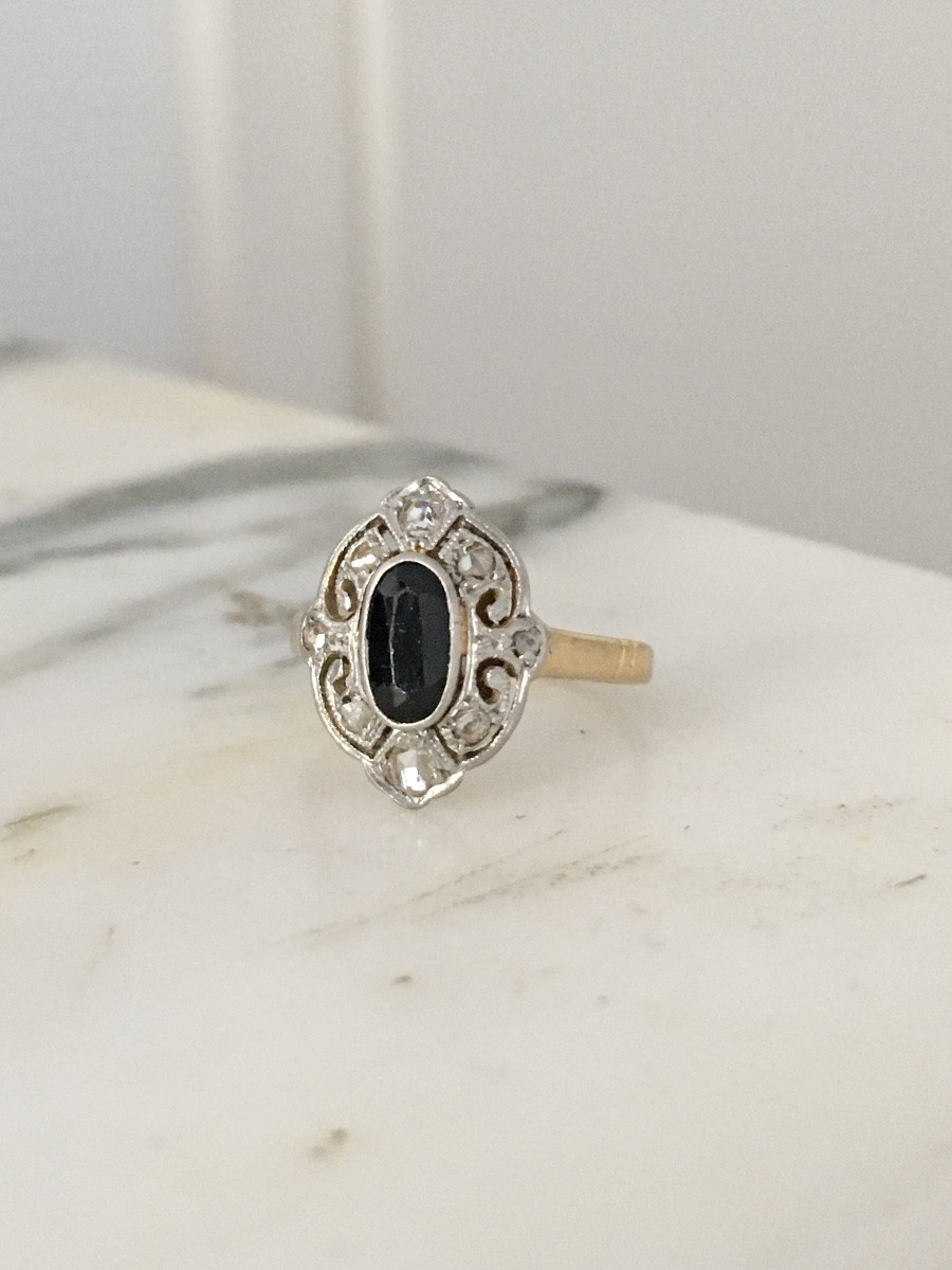 Bague Belle Époque en or jaune 18K et platine-photo-1