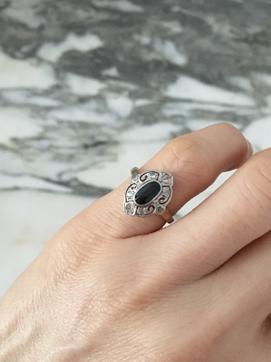 Bague Belle Époque en or jaune 18K et platine-photo-3