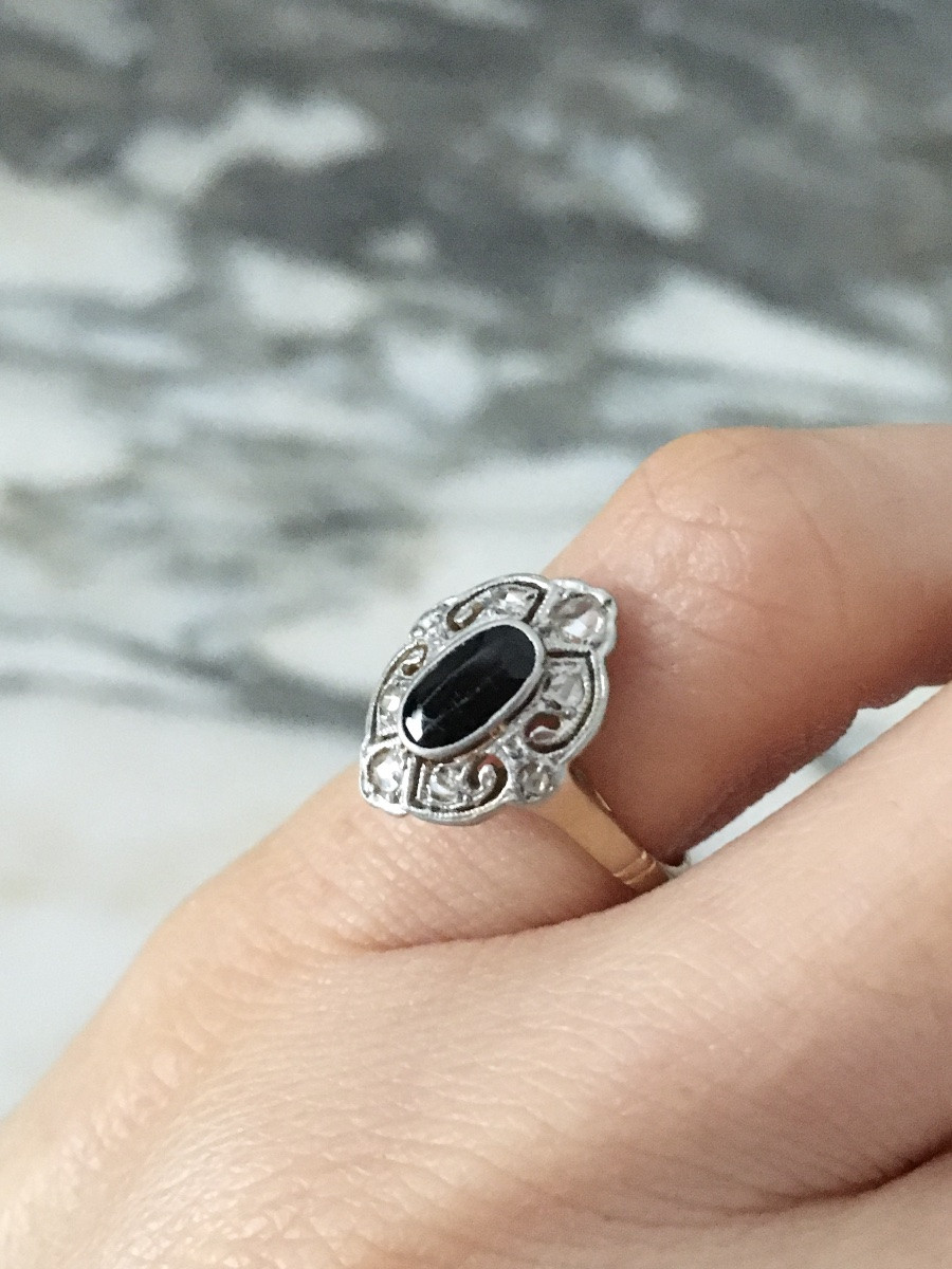 Bague Belle Époque en or jaune 18K et platine-photo-5