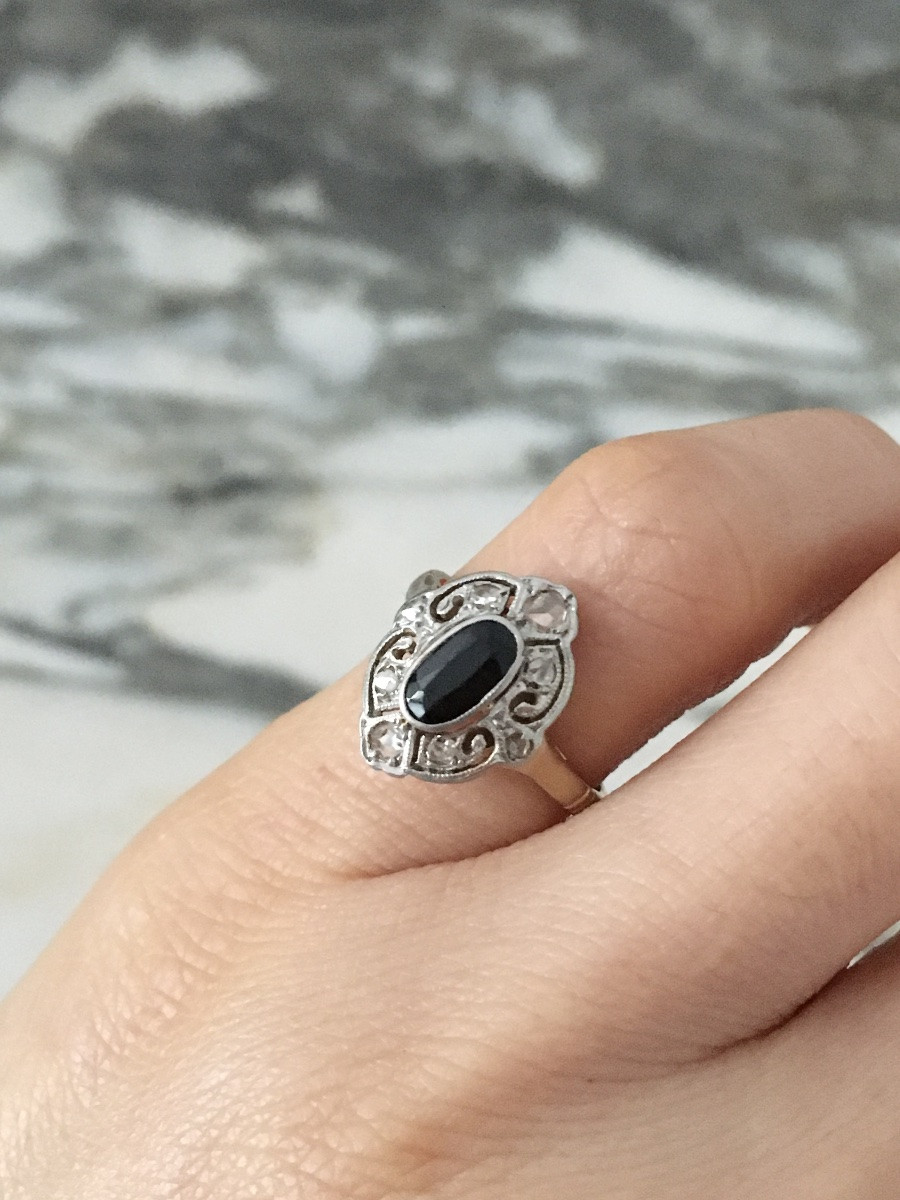 Bague Belle Époque en or jaune 18K et platine-photo-6