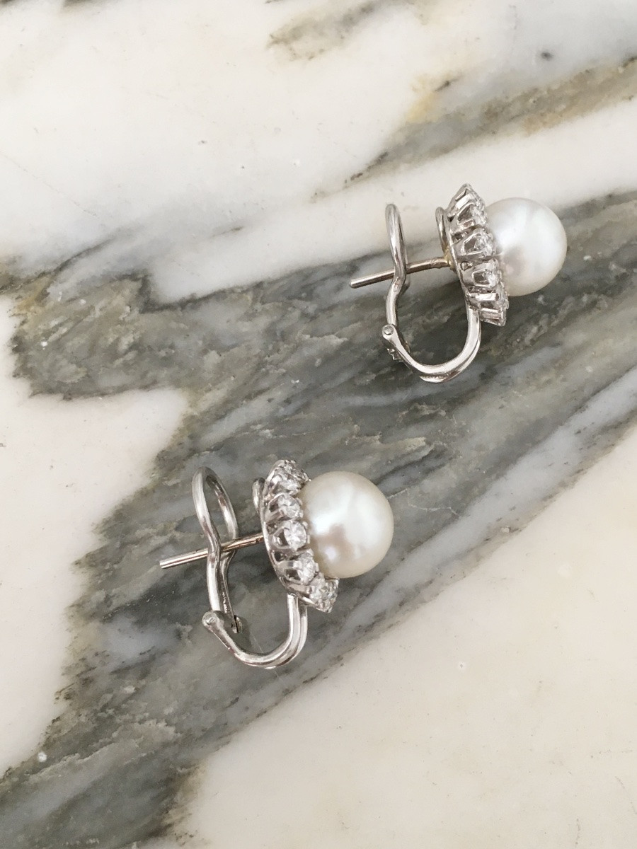 Paire de boucles d'oreilles en or blanc 18K perles et diamants -photo-2