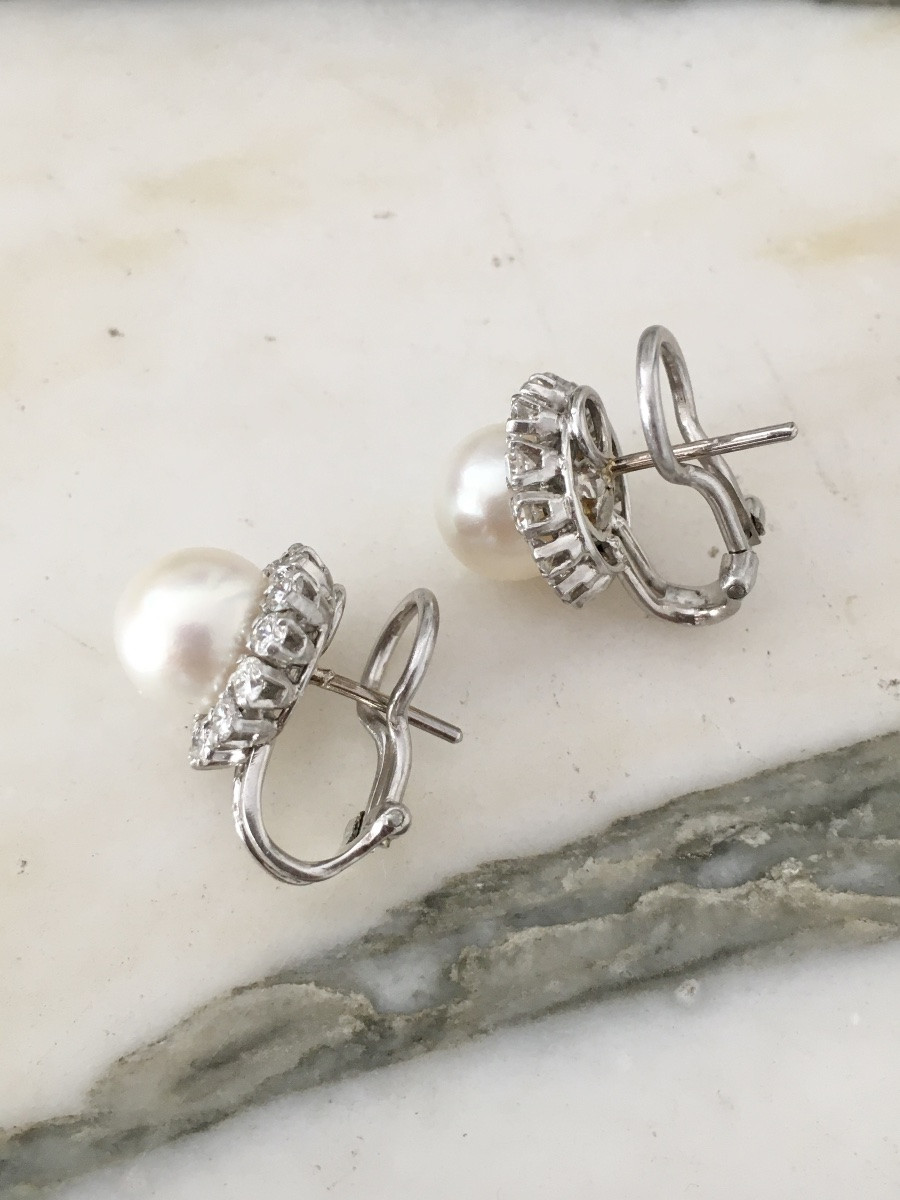Paire de boucles d'oreilles en or blanc 18K perles et diamants -photo-4