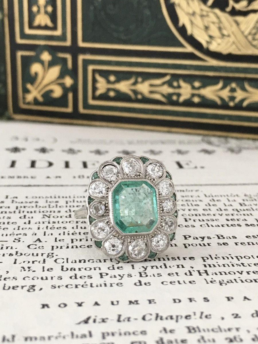 Antique Art Deco Ring In 18k White Gold And Platinum Set With A Colombian Emerald-photo-5