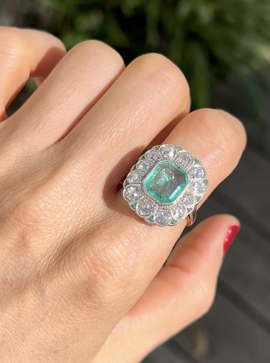 Antique Art Deco Ring In 18k White Gold And Platinum Set With A Colombian Emerald-photo-8