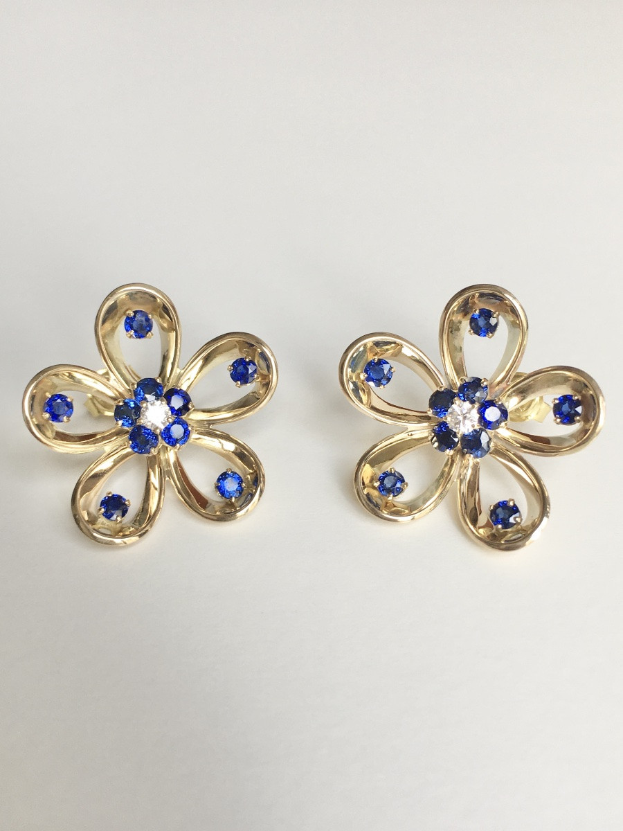 14k Yellow Gold Flower Earrings With Sapphires And Diamonds -photo-2