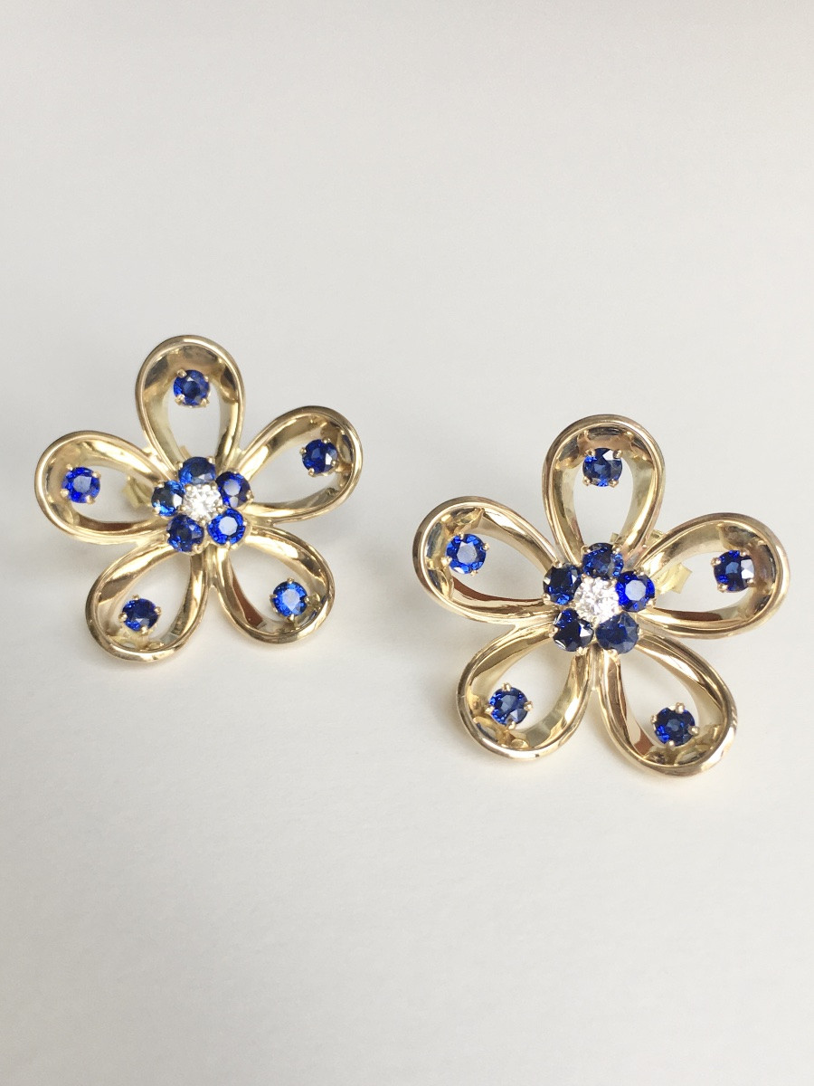 14k Yellow Gold Flower Earrings With Sapphires And Diamonds -photo-3