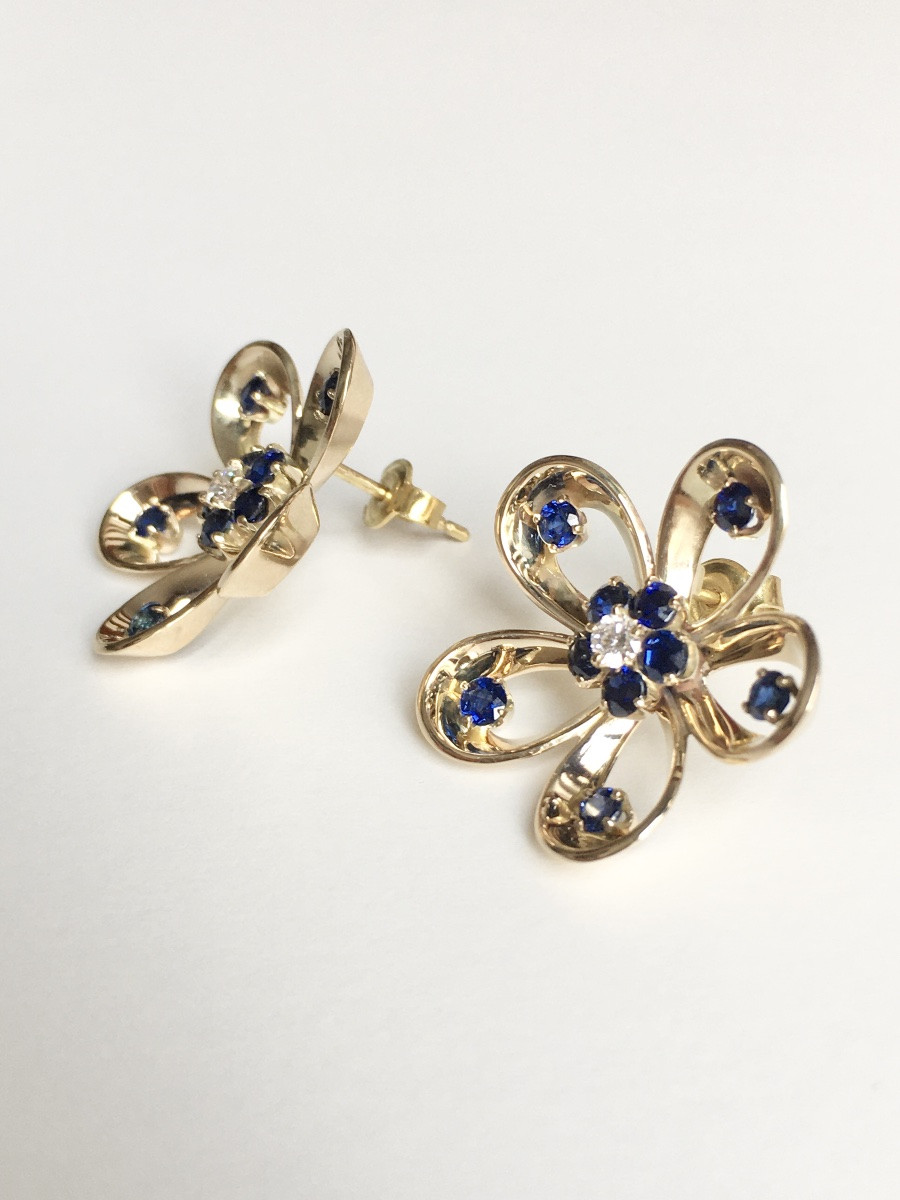 14k Yellow Gold Flower Earrings With Sapphires And Diamonds -photo-4