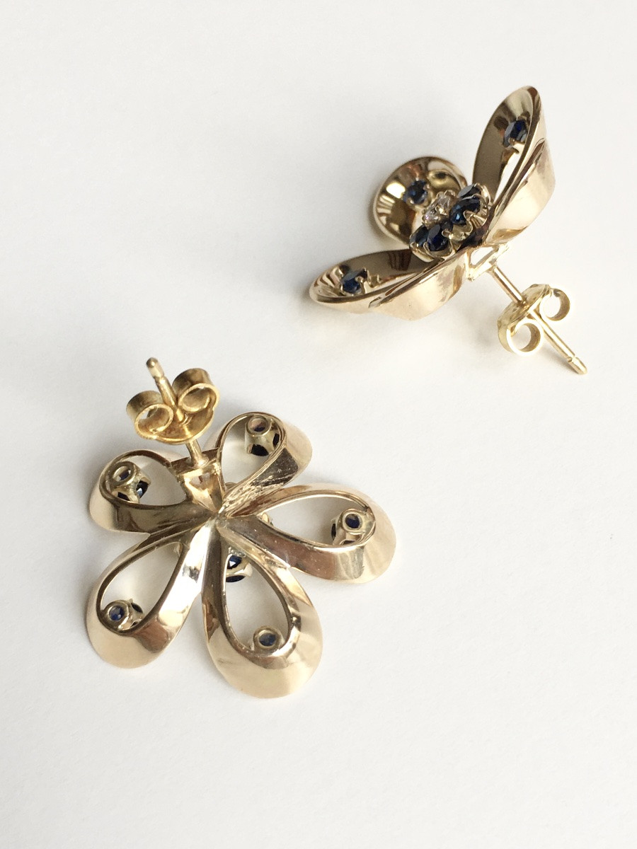 14k Yellow Gold Flower Earrings With Sapphires And Diamonds -photo-2