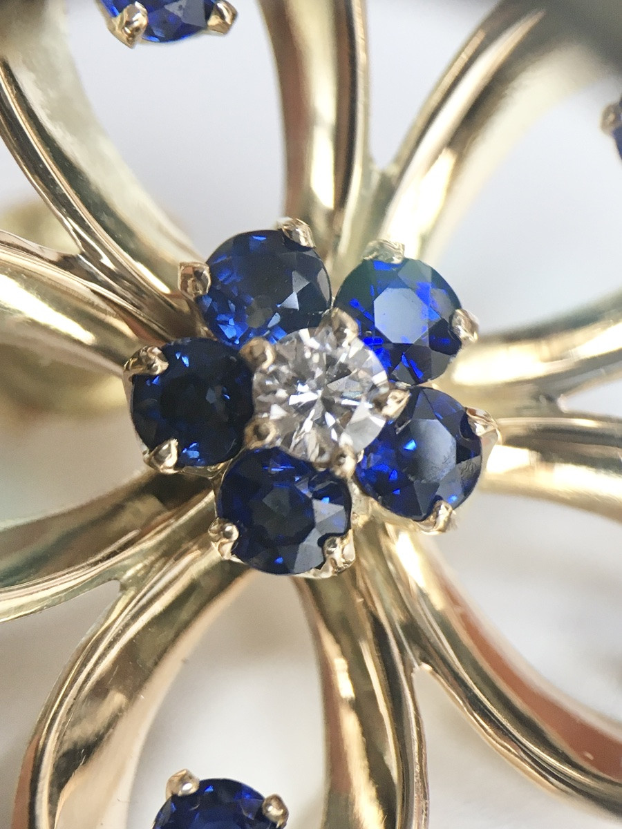 14k Yellow Gold Flower Earrings With Sapphires And Diamonds -photo-3