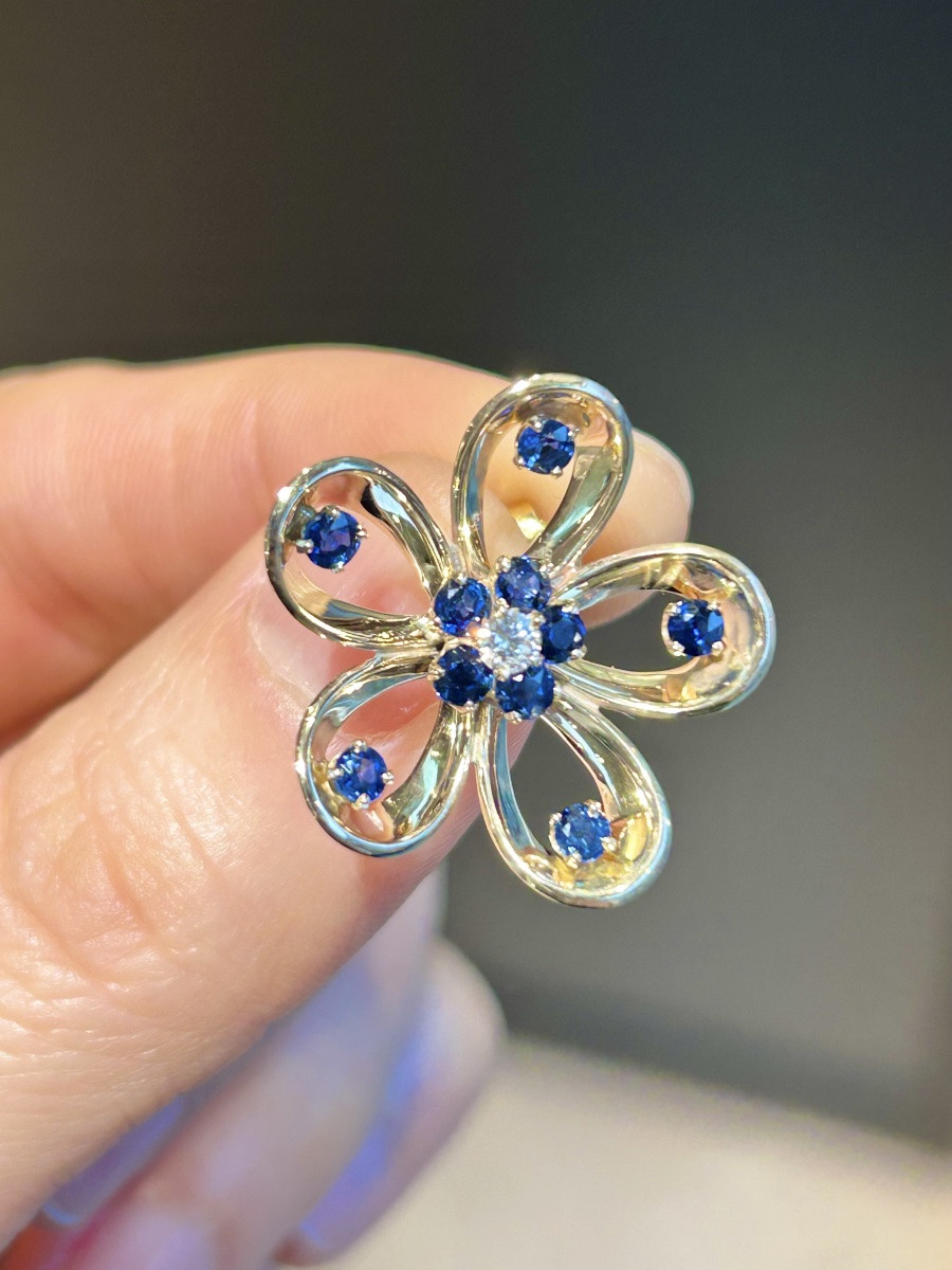 14k Yellow Gold Flower Earrings With Sapphires And Diamonds -photo-7