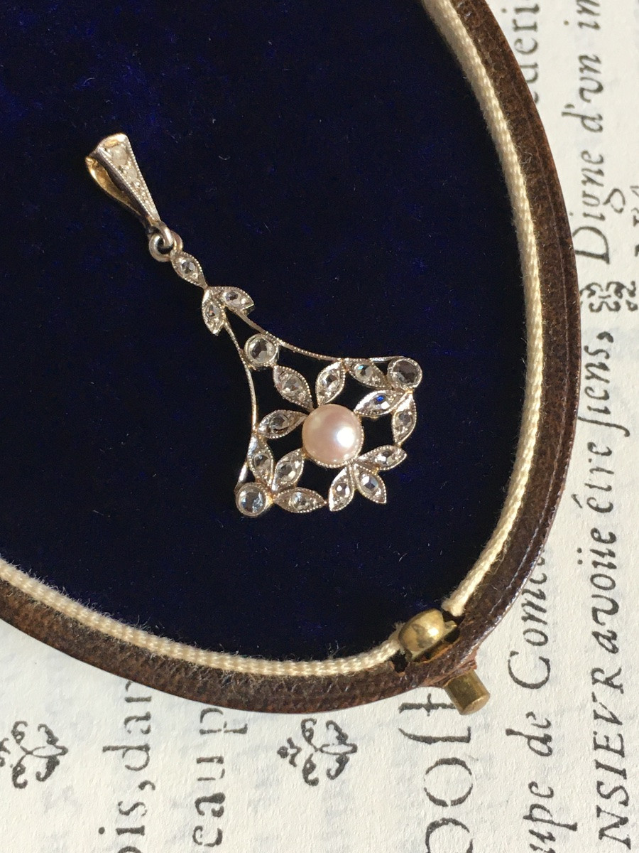 Pendentif Belle Époque en or 18K perle et diamants -photo-2