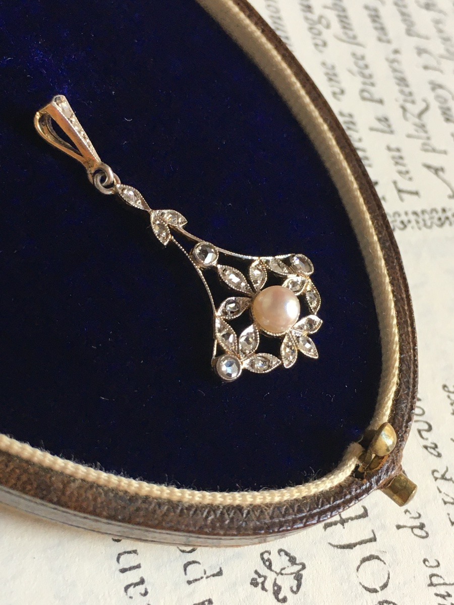 Pendentif Belle Époque en or 18K perle et diamants -photo-3