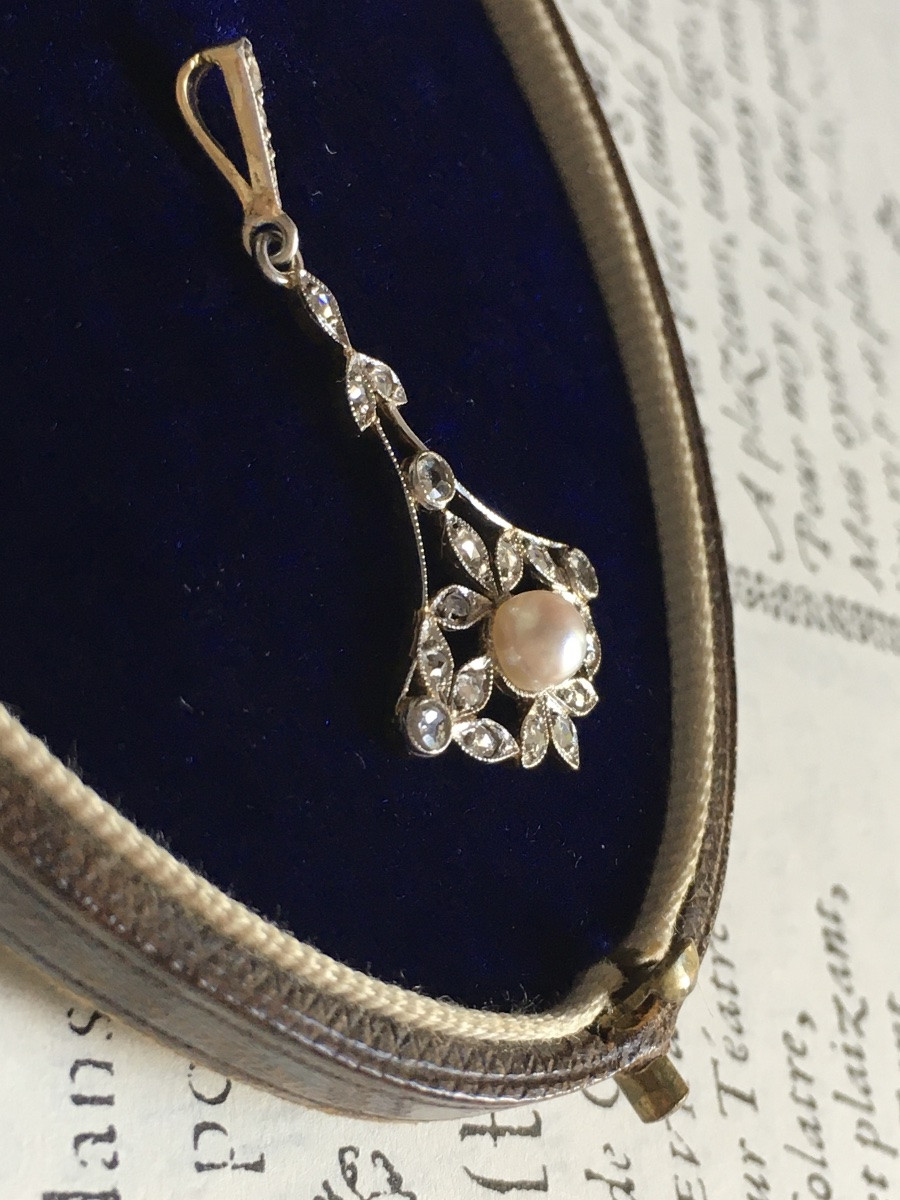 Pendentif Belle Époque en or 18K perle et diamants -photo-4