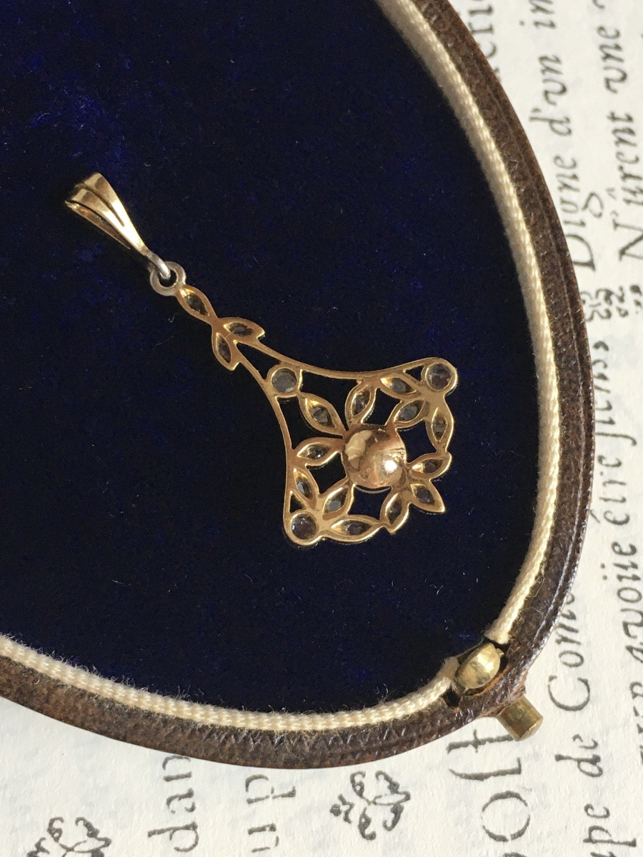 Pendentif Belle Époque en or 18K perle et diamants -photo-1