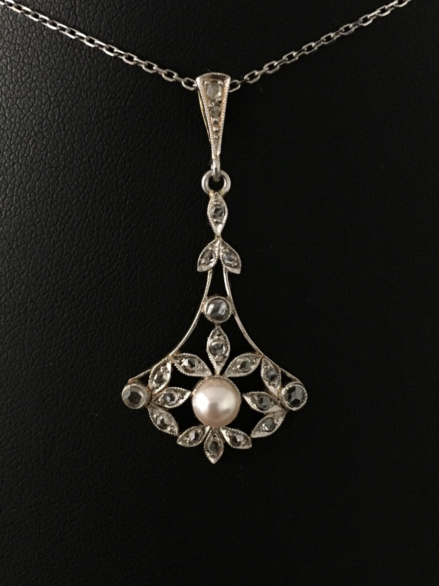 Pendentif Belle Époque en or 18K perle et diamants -photo-2