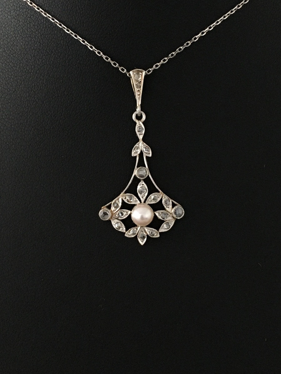 Pendentif Belle Époque en or 18K perle et diamants -photo-3