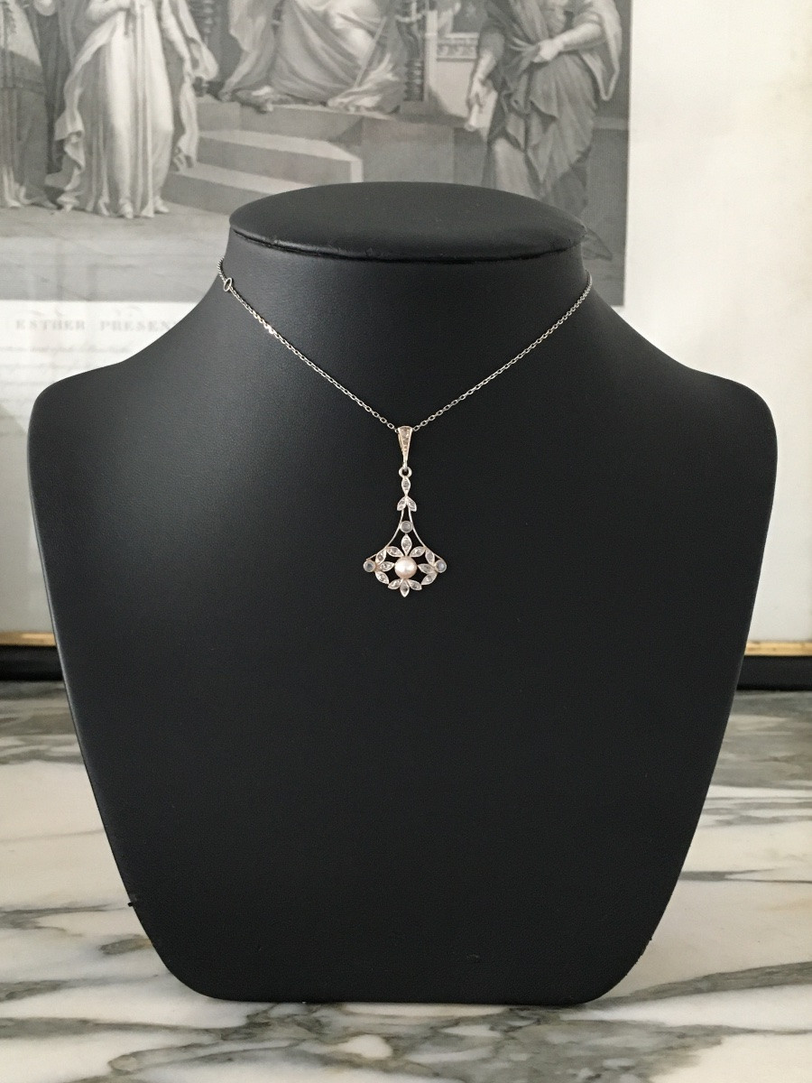 Pendentif Belle Époque en or 18K perle et diamants -photo-4
